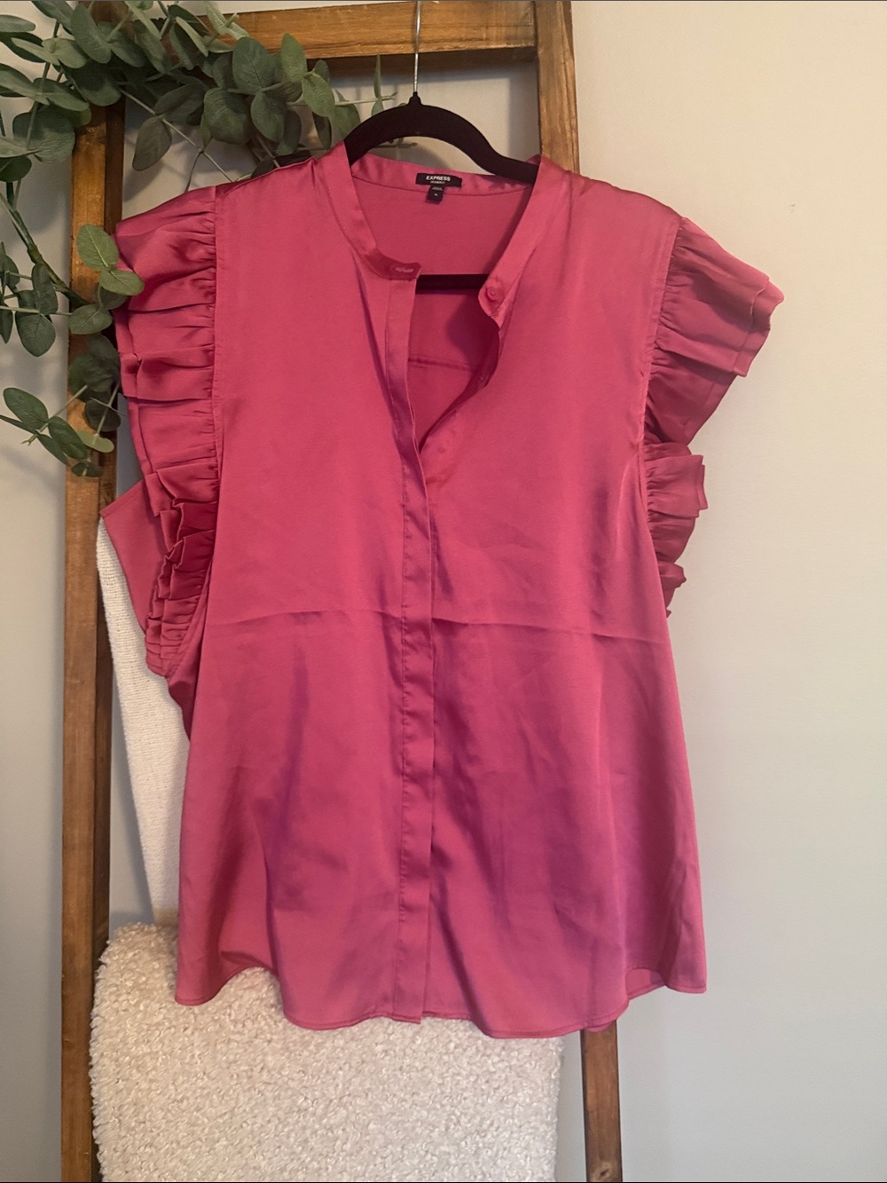 Express Fuchsia Ruffle Sleeve Button-Front Blouse